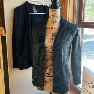 Girls black & silver open sweater and black drape front sweater size large 10/12